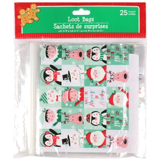 Christmas Cello Party Loot Bags 25 Count Treat Bags With Zip Seal ~Elf Santa