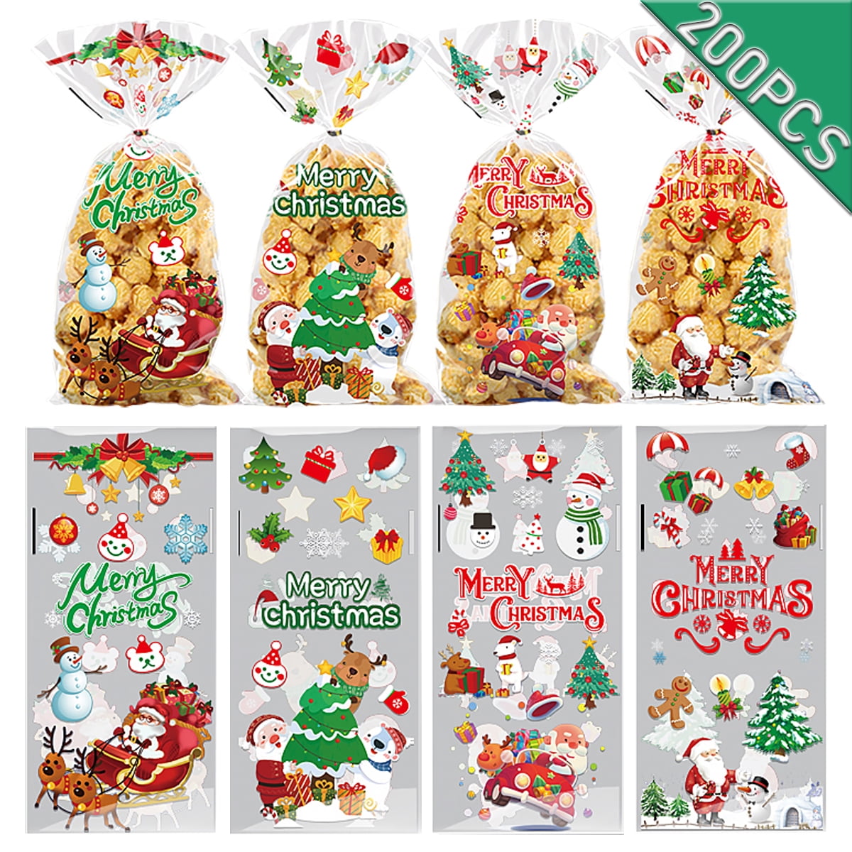 Christmas Cellophane Treat Bags Multi color Candy Bags Santa Snowman Christmas Goody Bags with