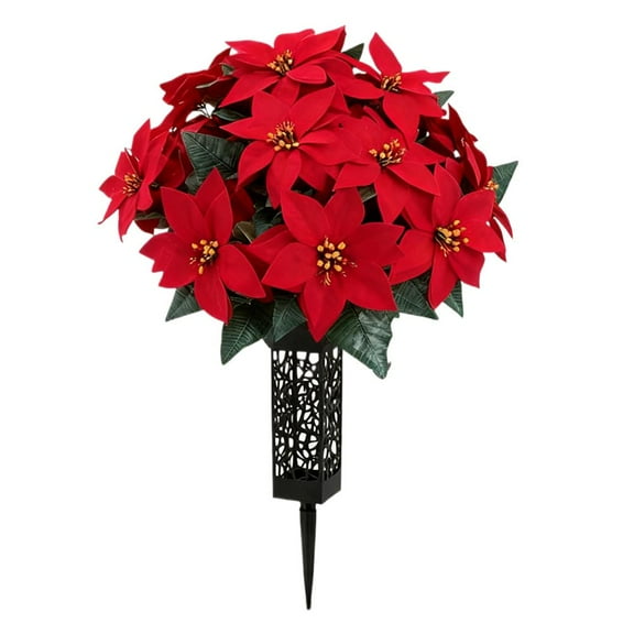 Christmas Cemetery Flowers for Grave, Poinsettia Artificial Flower with Vase for Headstones Graveyard Graveside Decorations, for Outdoor Grave Decorations
