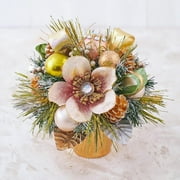 Christmas Centerpiece - B Magnolia Arrangement With Handcrafted - Jeweled Glittery Magnolia, Golden Pinecone, Ribbon, And Greenery Pine Needle (10")