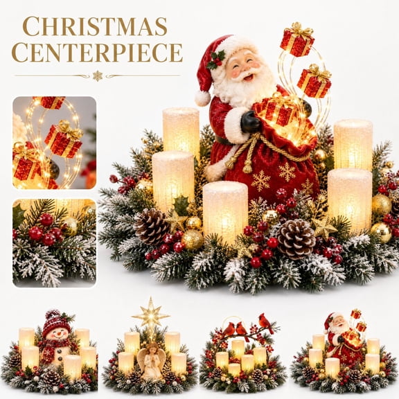 Christmas Centerpiece Statue, Lighted Village Ornament with Red Berry Decor, LED Faux Candle, 360° Festive Holiday Table Decoration, Pre-lit Winter Home Decor(Angel#1)