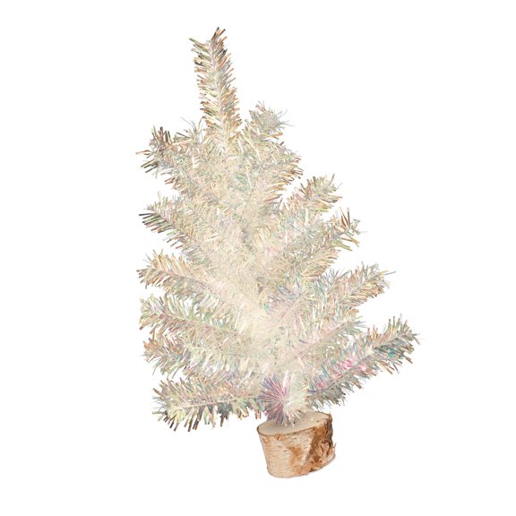 Christmas Centerpiece Tree White Reflective Table Decor, 15.7in Compact PVC Holiday Tree with Wood-Look Base for Home Desk Display
