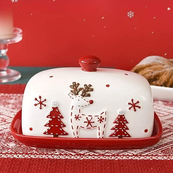 Christmas Ceramic Butter Dish Santa Claus Reindeer Christmas Tree Design Holiday Kitchen Decor Compatible with Standard Butter Sticks