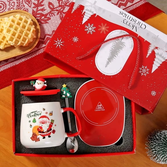 Christmas Ceramic Coffee Mug Gift Set with Cup Warmer,Holiday Design, Temperature Control, Microwave Safe