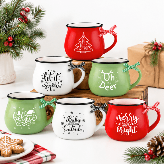 Christmas Ceramic Coffee Mug Set, 12 Oz Stackable Mugs with Bows, Red Green White, Set of 6
