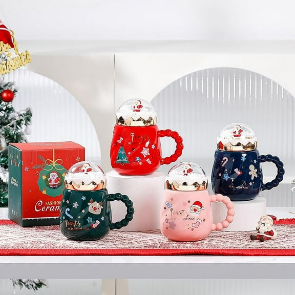 Christmas Ceramic Coffee Mugs with Gift Box, 16oz Ceramic Mug Set Santa Claus Christmas Tree Design, Holiday Party Supplies for Friends and Family (Set of 4)