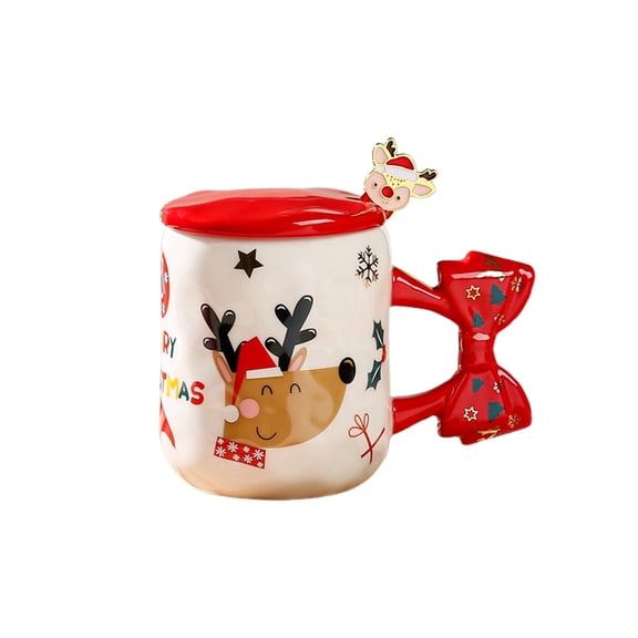 Christmas Ceramic Cup, Christmas Santa Mug, Holiday Personalized Tea Cup, Red Bow Handle Coffee Mug, Christmas Birthday Presents, Christmas Mug with Elk Lid, Cute Christmas Hot Chocolate Cup