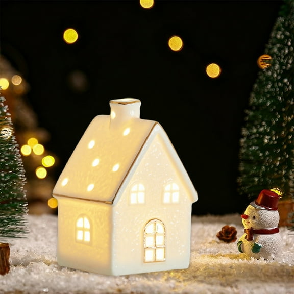 Christmas Ceramic House Luminary with Soft Glow Lighting White Winter Village Decor Holiday Tabletop Night Light Mantle Display Snow Scene Decoration 8 Inch
