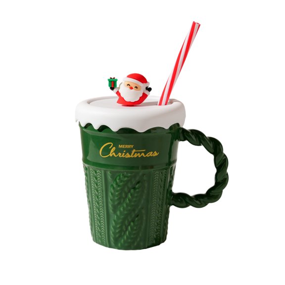 Green Ceramic Straw Mug With Lid For Christmas Holiday Drinkware Festive Tree Pattern Couple Use Easy To Carry