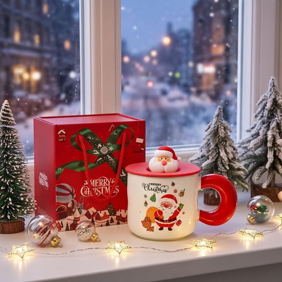 Christmas Ceramic Mug with 3D Santa Silicone Lid Gift Box Set for Hot Drinks