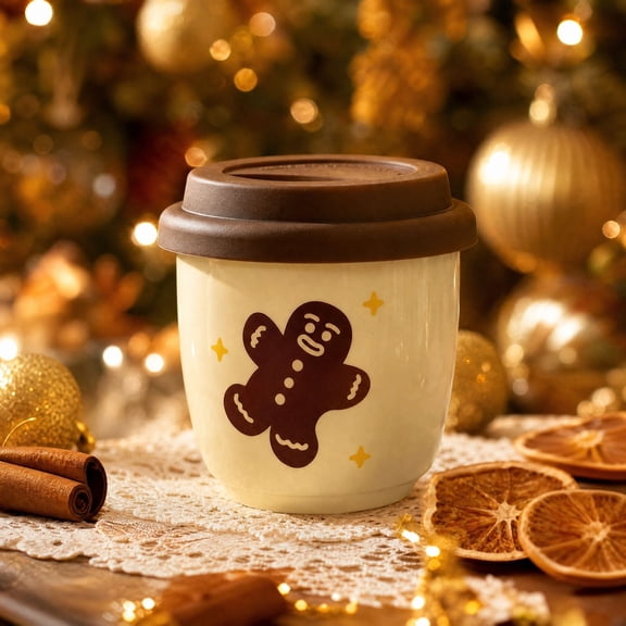 Christmas Ceramic Mug with Lid Gingerbread Man Coffee Cup for Holiday Drinking
