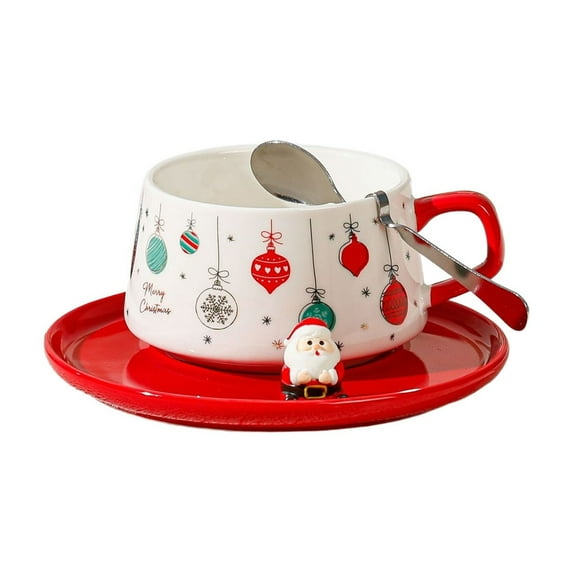 Christmas Ceramic Mug with Lid and Spoon, Cute Santa & Reindeer Design, Bow Handle Coffee Cup for Hot Chocolate, Tea & Holiday Gift