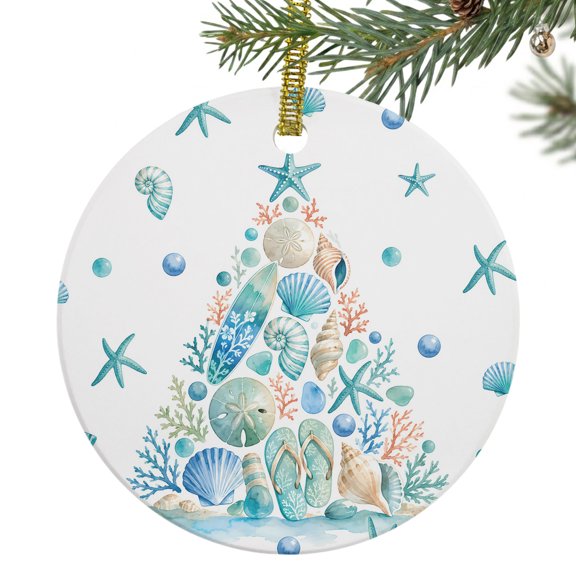 Christmas Ceramic Ornament 3 Inch Coastal Ocean Blue Seashell Starfish Christmas Tree Round Porcelain Christmas Ornaments with Gold String for Holiday Party Xmas Tree Decor Gift for Friends Family
