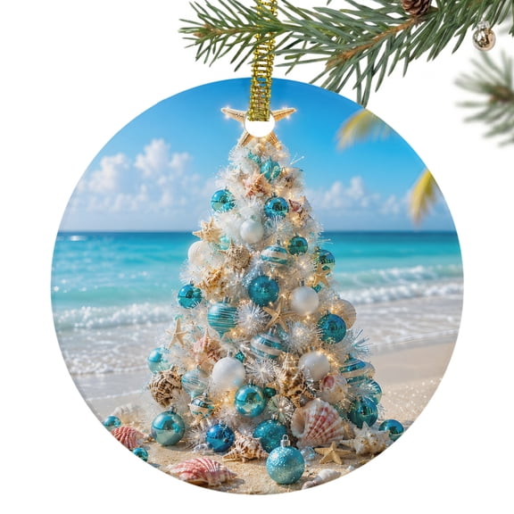 Christmas Ceramic Ornament 3 Inch Coastal Tropical Beach Starfish Seashell Christmas Tree Round Porcelain Christmas Ornaments with Gold String for Holiday Party Xmas Tree Decor Gift for Family