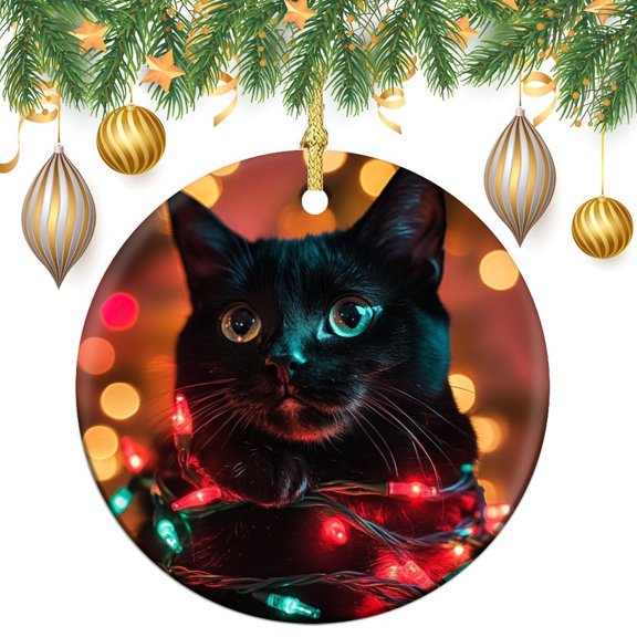 Christmas Ceramic Ornament Black Cat Wrapped in Christmas Lights 2024 Ornament Happy Winter Holiday Best Gifts for Christmas Funny Gifts for Women/Men