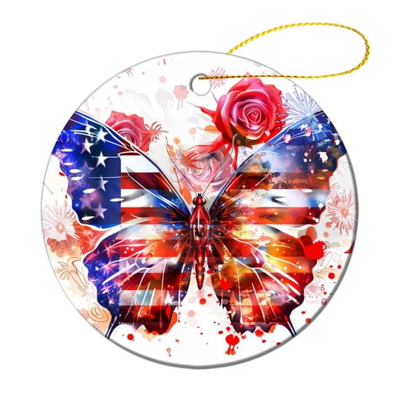 Christmas Ceramic Ornament Butterfly Patriotic Christmas Tree Ornaments Memorial Day for Boys Girls Round Ceramic Christmas Decoration Xmas Gift