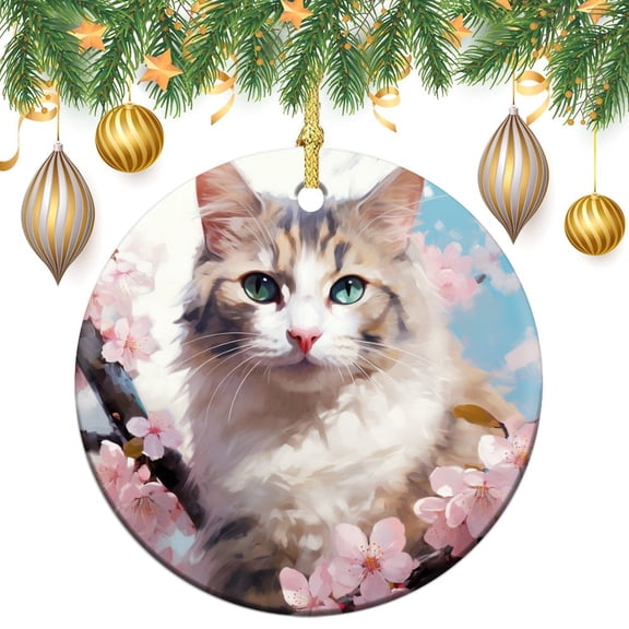 Christmas Ceramic Ornament Cat With A Pink Flower Double Sided Porcelain 3 Inch Cat Dad Gifts Best Gifts for Christmas Gifts Keepsake for Family