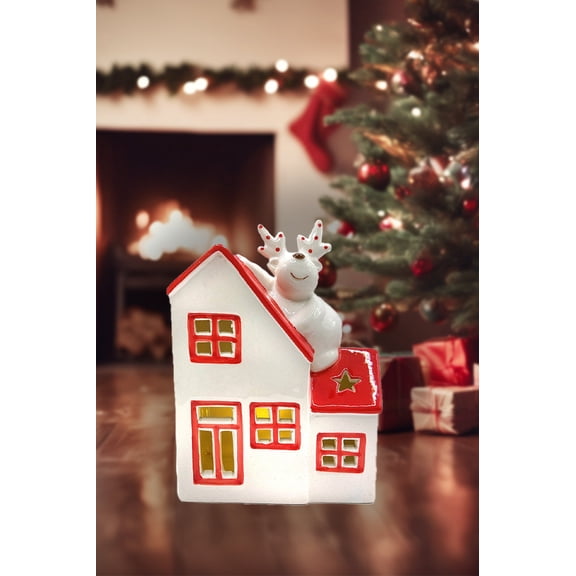 Christmas Ceramic Ornament - Christmas Cottage with Reindeer by Wizardi