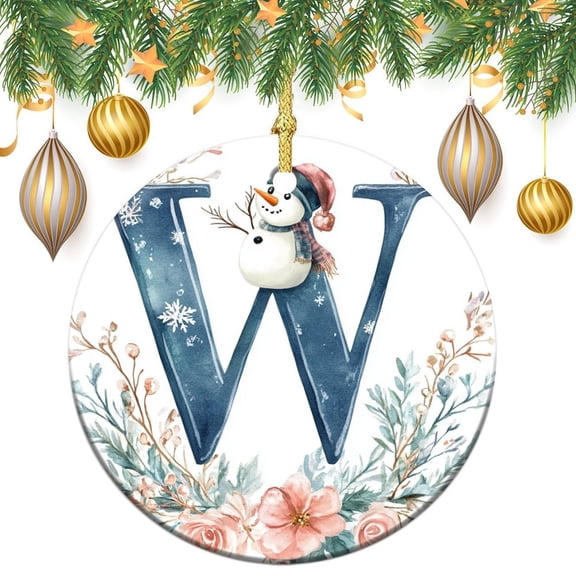 Christmas Ceramic Ornament Christmas Initial 3" Circle Ceramic Ornament Custom Initial Letter W Chriatmas Snowman Collectible Present Gift Xmas Tree Decoration Gifts Keepsake for Family