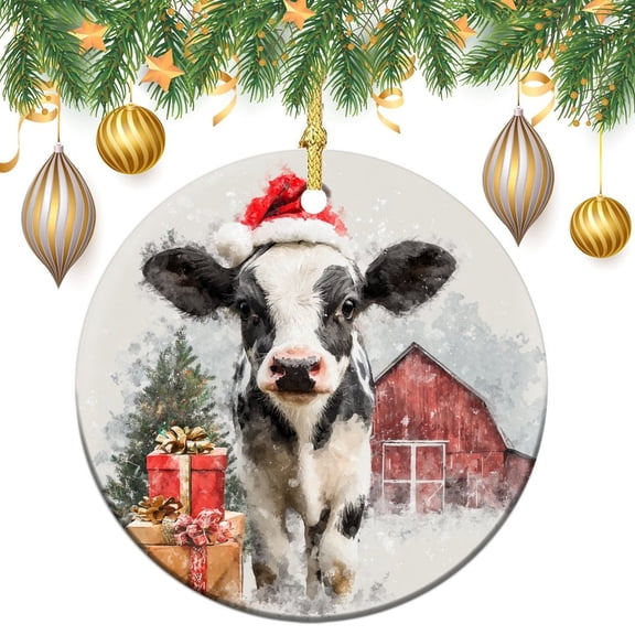 Christmas Ceramic Ornament Cow Farmhouse Decor Christmas Tree Ornaments Cute Cow And Red Barn Keepsake Funny Christmas Hanging Tree Decor Ornament Ornament Xmas Present