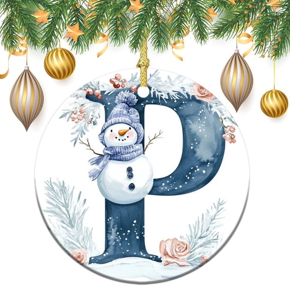 Christmas Ceramic Ornament Custom Initial Letter P Chriatmas Snowman Keepsake Ceramic Ornament Custom Monogram Initial Letter for Christmas Tree Decoration Xmas Party Decorations for Family Friend