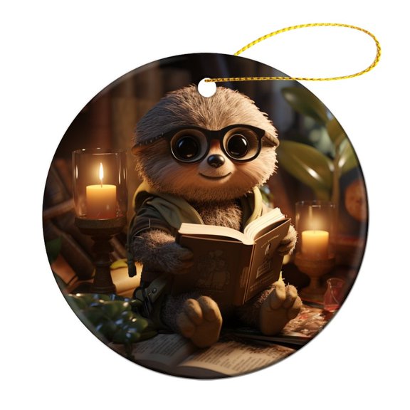 Christmas Ceramic Ornament Cute Cartoon Bookworm Sloth Reading Books 3" Circle Ceramic Ornament Darling Sloth Themed Christmas Holiday Christmas Tree Decorations Christmas Ornament