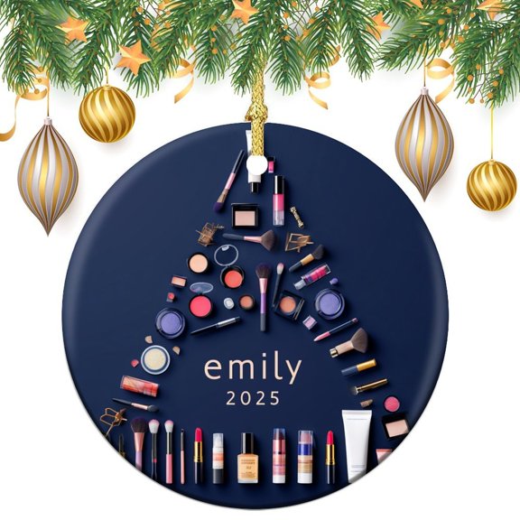 Christmas Ceramic Ornament Esthetician Gift Ceramic Double Sided Tree Xmas Ornament Personalized Makeup Artist for Boys Girls Round Ceramic Christmas Decoration