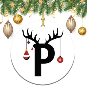 Christmas Ceramic Ornament Initial Name Double Sided Porcelain 3 Inch Reindeer Name Letter P Personalized Christmas Xmas Tree Decorations Flat Circle Ceramic Ornament for Family Friend