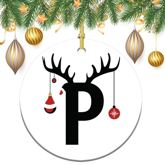 Christmas Ceramic Ornament Initial Name Double Sided Porcelain 3 Inch Reindeer Name Letter P Personalized Christmas Xmas Tree Decorations Flat Circle Ceramic Ornament for Family Friend