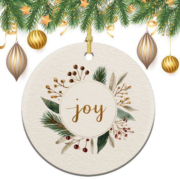 Christmas Ceramic Ornament Joy with Christmas Greenery And Pine Cones 3" Ceramic Christmas Ornament Happy New Year Christmas Tree Ceramic Ornament Decoration for Family Friend