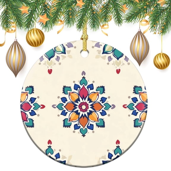 Christmas Ceramic Ornament Mandala Pattern 2024 Ornament Bohemian Oriental Vintage Round Colorful Painting Decor Christmas Tree Hanging Accessories for Family Friend