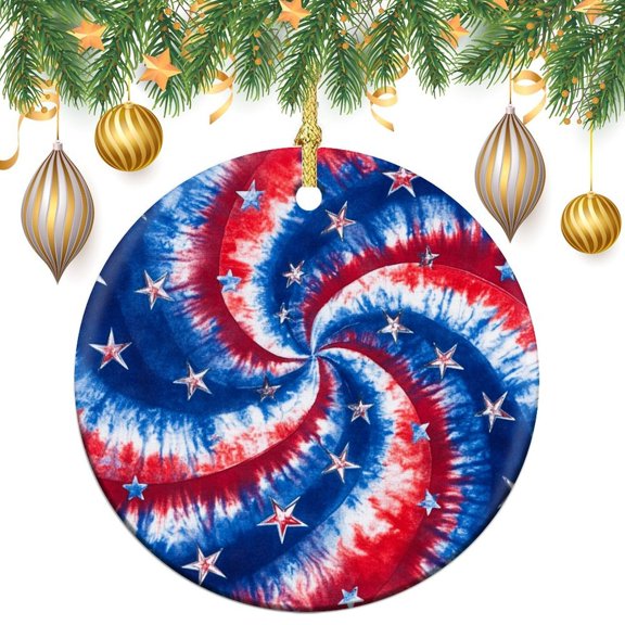 Christmas Ceramic Ornament Memorial Day Patriotic Circle Ornament USA Tie Dye Christmas Home Office Tree Decorations Gifts Keepsake for Family