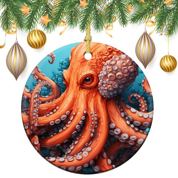 Christmas Ceramic Ornament Ocean Theme 3" Circle Ceramic Ornament Orange Octopus Best Gifts for Christmas Ornament Xmas Present