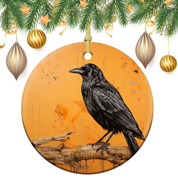 Christmas Ceramic Ornament Orange And Black Crow Halloween Double-Sided Printed 3" Ceramic Christmas Ornament Vintage Crow Black for Boys Girls Round Ceramic Christmas Decoration