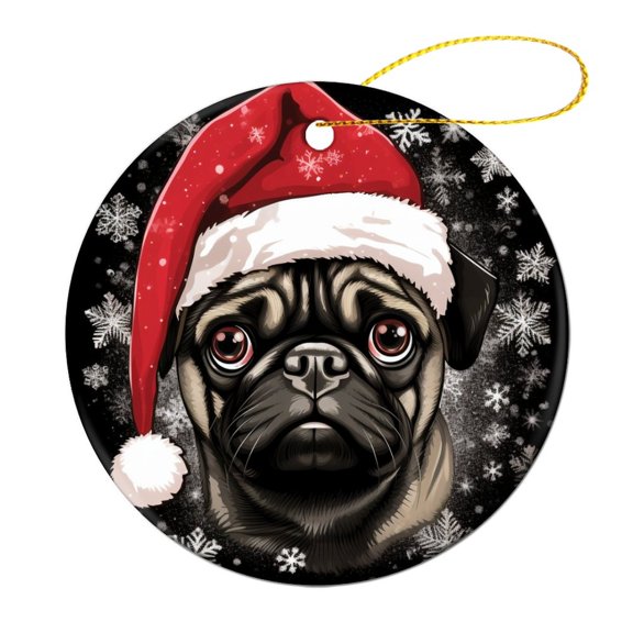 Christmas Ceramic Ornament Peeking Dog Pug in Santa Hat Snowflake Xmas Two Sides Printed Christmas Ornaments Best Dog for Boys Girls Round Ceramic Christmas Decoration Merry Xmas for Family & Friends