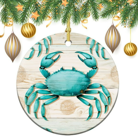 Christmas Ceramic Ornament Rustic Beach Wood Crab Coastal Keepsake Ceramic Ornament Marine Crab Fish Vintage Coastal Nautical Beach Holiday Ornament for Home Christmas Tree Decor Xmas Gift