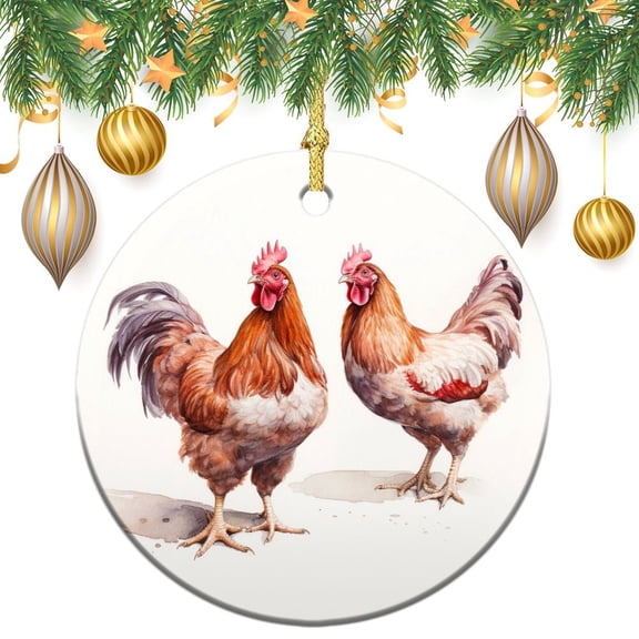 Christmas Ceramic Ornament Rustic Rooster Country Style Circle Ornament Chickens Standing Outside Christmas Xmas Tree Ornament Decoration Hanging Pendant Decor Xmas Gift