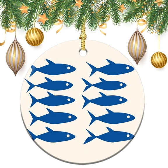 Christmas Ceramic Ornament Shoal of Fish Blue Seaside Double Sided Porcelain 3 Inch Sea Fish for Christmas Tree Decoration Xmas Party Decorations for Woman Friend Birthday