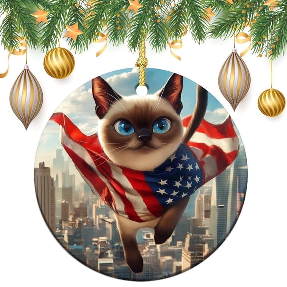 Christmas Ceramic Ornament A Siamese Cat Wearing An American Flag Cape Ceramic Double Sided Tree Xmas Ornament Cute Animal Cat Best Gifts for Christmas Housewarming Gift