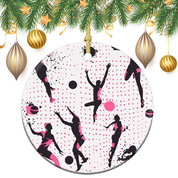 Christmas Ceramic Ornament Silhouettes of Women Playing Beach Volleyball Customized Round Ceramic Ornament Volleyball Design Christmas Tree Hanging Accessories Merry Xmas for Family & Friends