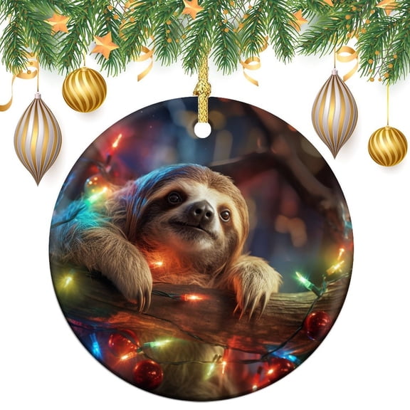 Christmas Ceramic Ornament Sloth on The Branch with Christmas Colorful Lights Customized Round Ceramic Ornament Cute Sloths Adorable Cartoon Animal Christmas Tree Hanging Accessories Gifts Keepsake