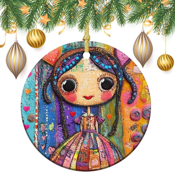 Christmas Ceramic Ornament Street Graffiti Art 3" Circle Ceramic Ornament Colorful Whimsical Girl Ceramic Elegant Hanging Christmas Tree Decorations Ornament Xmas Present