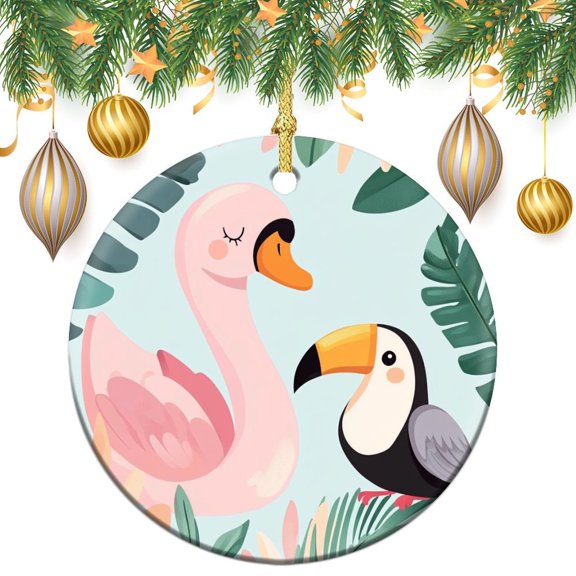Christmas Ceramic Ornament Swan And Toucan with Tropical Leaves Christmas Decoration Keepsake Ornament Jungle Animals Holiday Ornament for Home Christmas Tree Decor Gifts Keepsake for Family