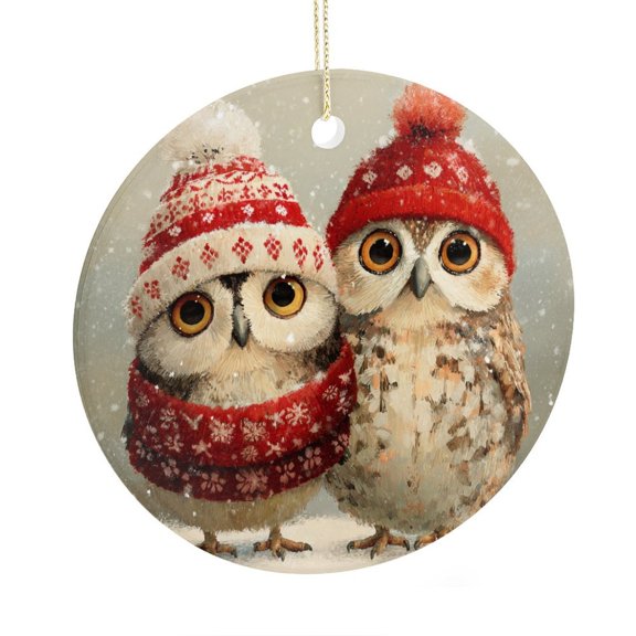 Christmas Ceramic Ornament Two Cute Happy Owls with Red Hat Double-Sided Printed 3" Ceramic Christmas Ornament Winter Owl Christmas Wildlife Xmas Tree Decorations Flat Circle Ceramic Ornament