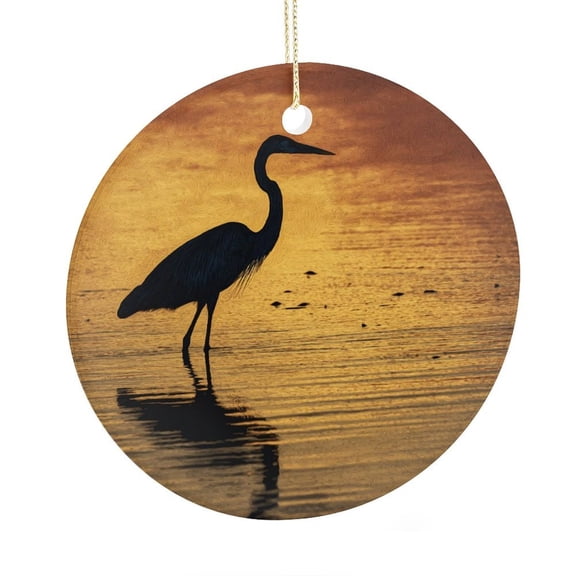Christmas Ceramic Ornament Wildlife Lover Ceramic Double Sided Tree Xmas Ornament Heron at Sunset Keepsake Funny Christmas Hanging Tree Decor Ornament for Family Friend
