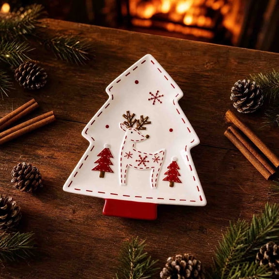 Christmas Ceramic Plates Set - Festive Tree Shaped, Santa & Reindeer Porcelain Snack Serving Platters, Red Holiday Dessert Dishes for Xmas Table Decor