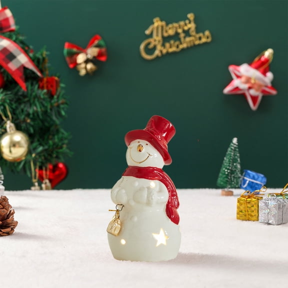 Christmas Ceramic Snowman Santa Figurine with Soft Glow Lighting White Luminous Holiday Decor for Tabletop Mantle Night Light Winter Scene Decoration