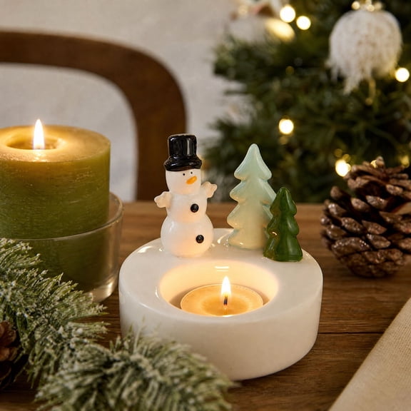 Christmas Ceramic Tealight Candle Holder, Snowman Tree Tabletop Decor, 3.30 in Xmas Ornament