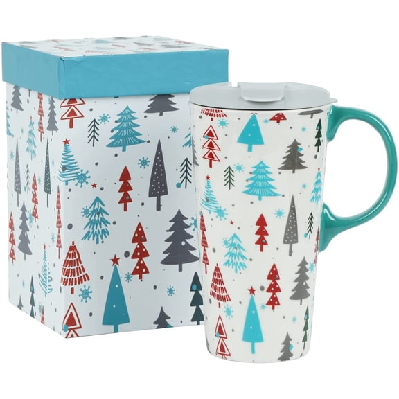 Topadorn Whimsical Christmas Tree Ceramic Travel Mug, 17oz, Multicolor Tree Print, Spill-Resistant Lid, Microwave & Dishwasher Safe, Gift Boxed