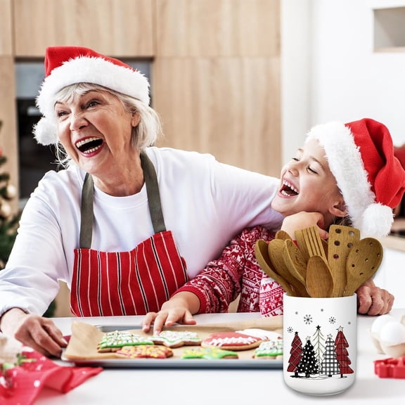 Christmas Ceramic Utensil Holder Red Black White Plaid Xmas Tree Kitchen Countertop Storage Organizer